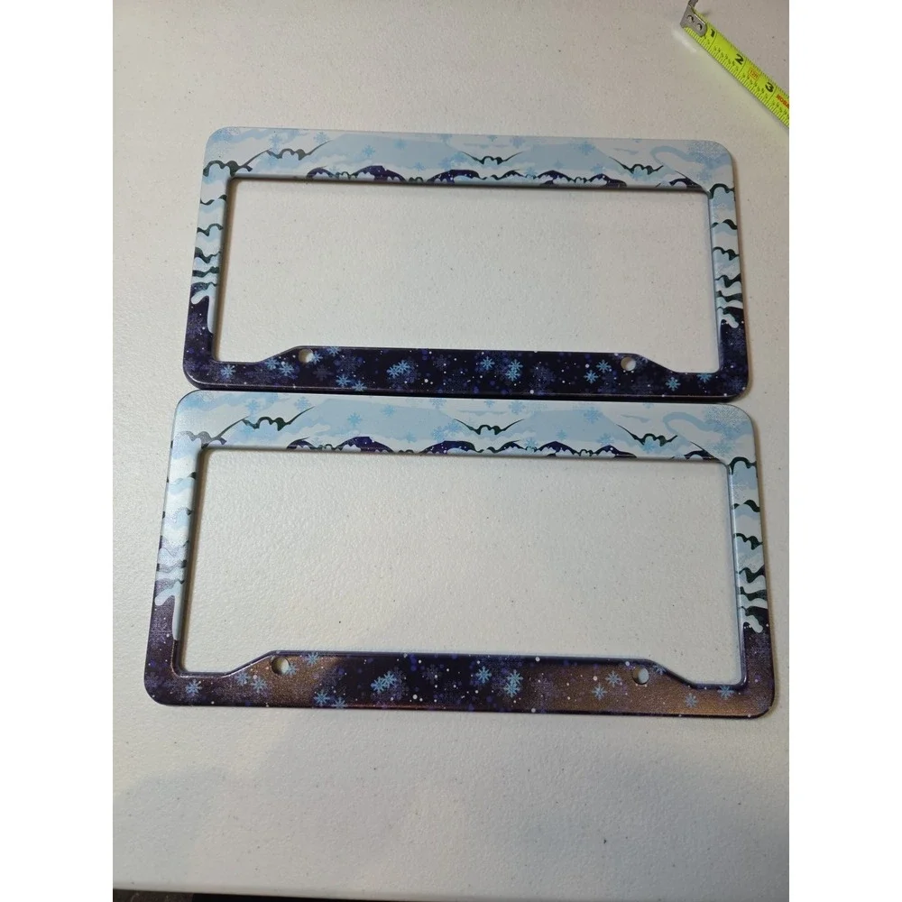 2 Decorative License Plate Frames Winter Snowflake Mountains + Hardware Set